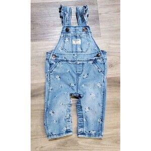 Vtg Oshkosh B'gosh Denim Floral overalls size 6 months Snap Leg Ruffel Strap